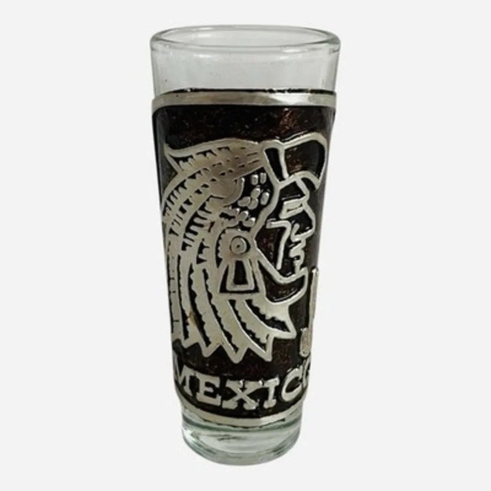 Vintage Mexico Souvenir Shot Glass Aztec Warrior Metal Wrap 4